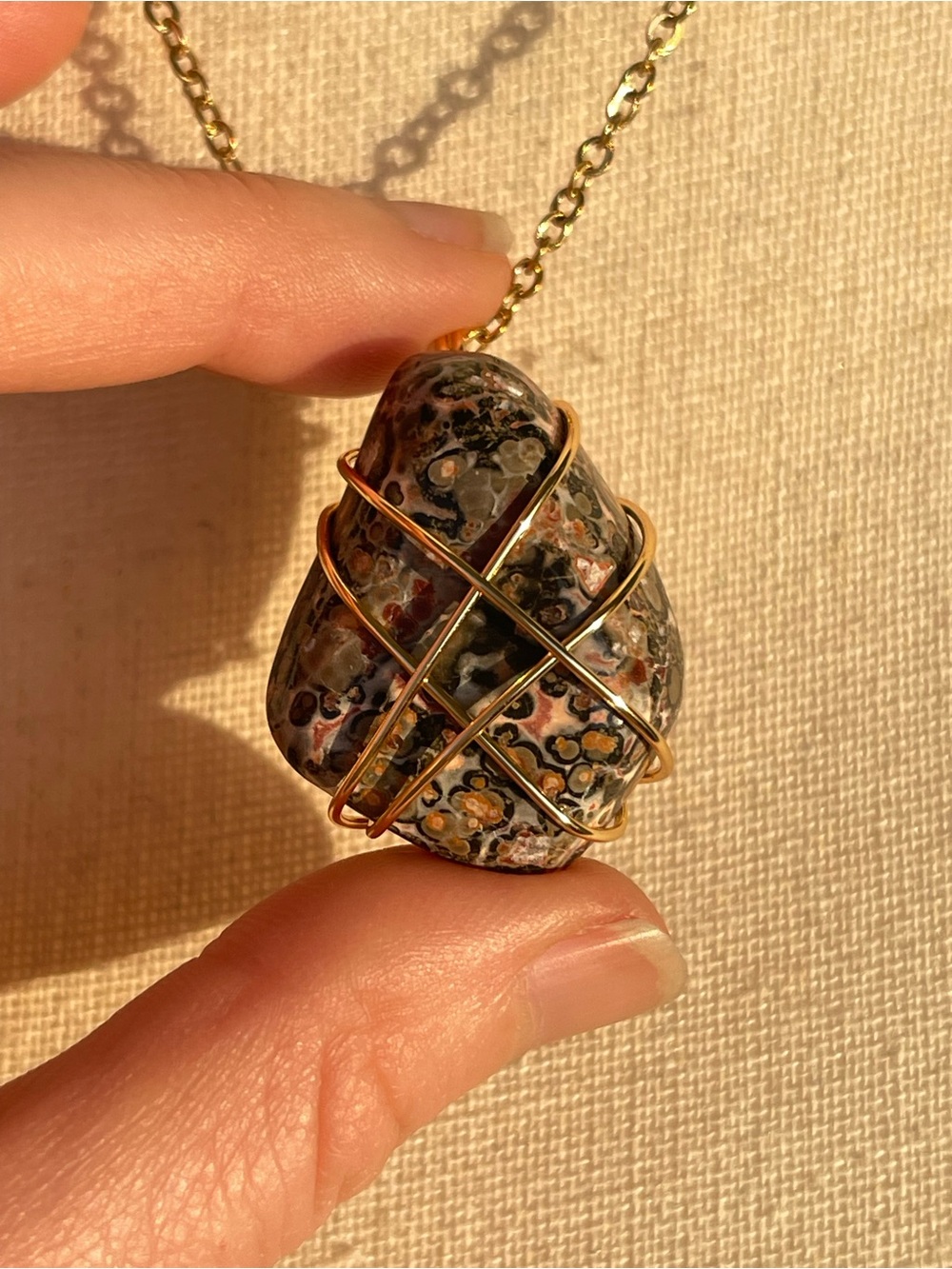 Jaguar Jasper Pendant Necklace Gold-Wrapped Multicolor Stone